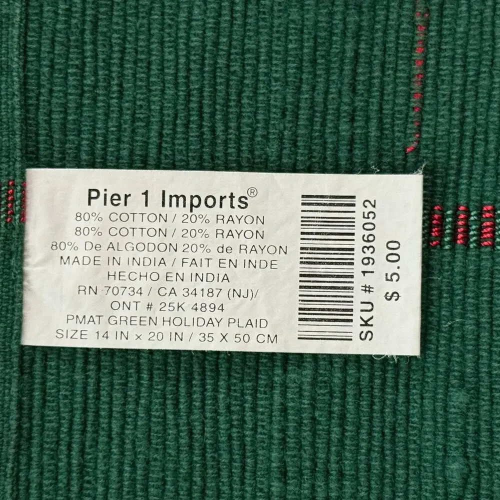 Pier 1 Set of 4‎ Green with Red Stripes Cotton/Rayon Woven Placemats